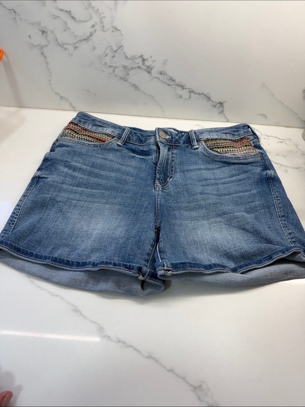 Dear John Light Blue Denim Shorts with Multicolor Embroidered Pockets